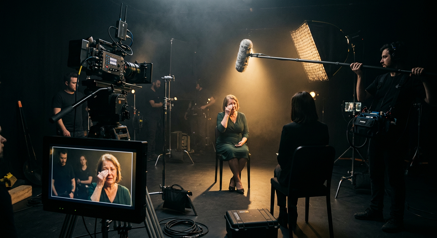 A film crew with a cinema camera and boom microphone filming a winner seated in a single chair under warm light.