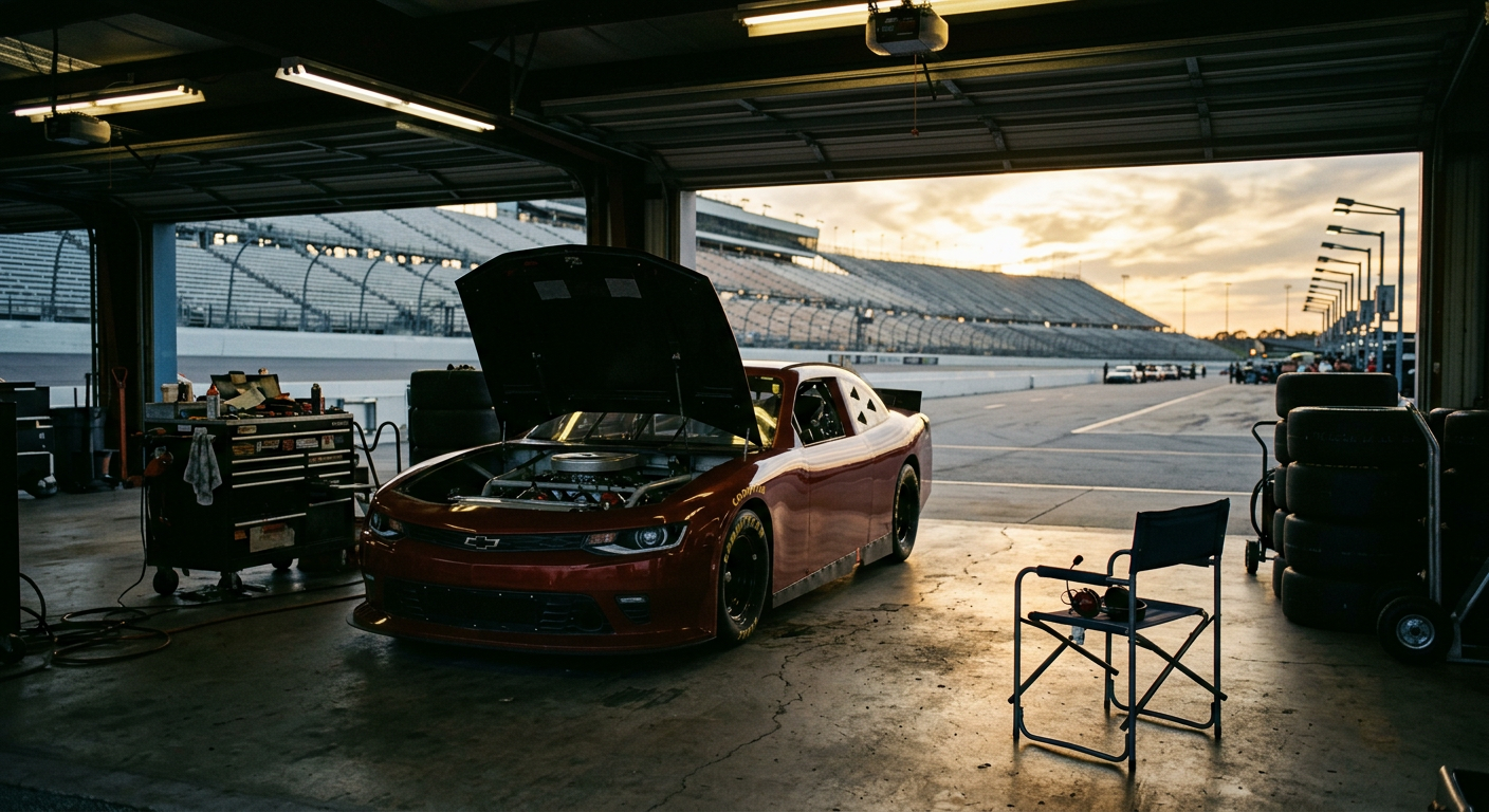 Concept art: a stock car race garage on race weekend with pit lane beyond and an empty team chair with a headset waiting.
