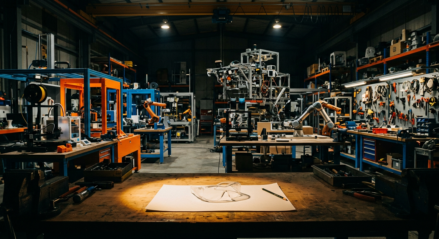 Concept art: a colorful engineering workshop full of robots and prototypes with one open workbench waiting.