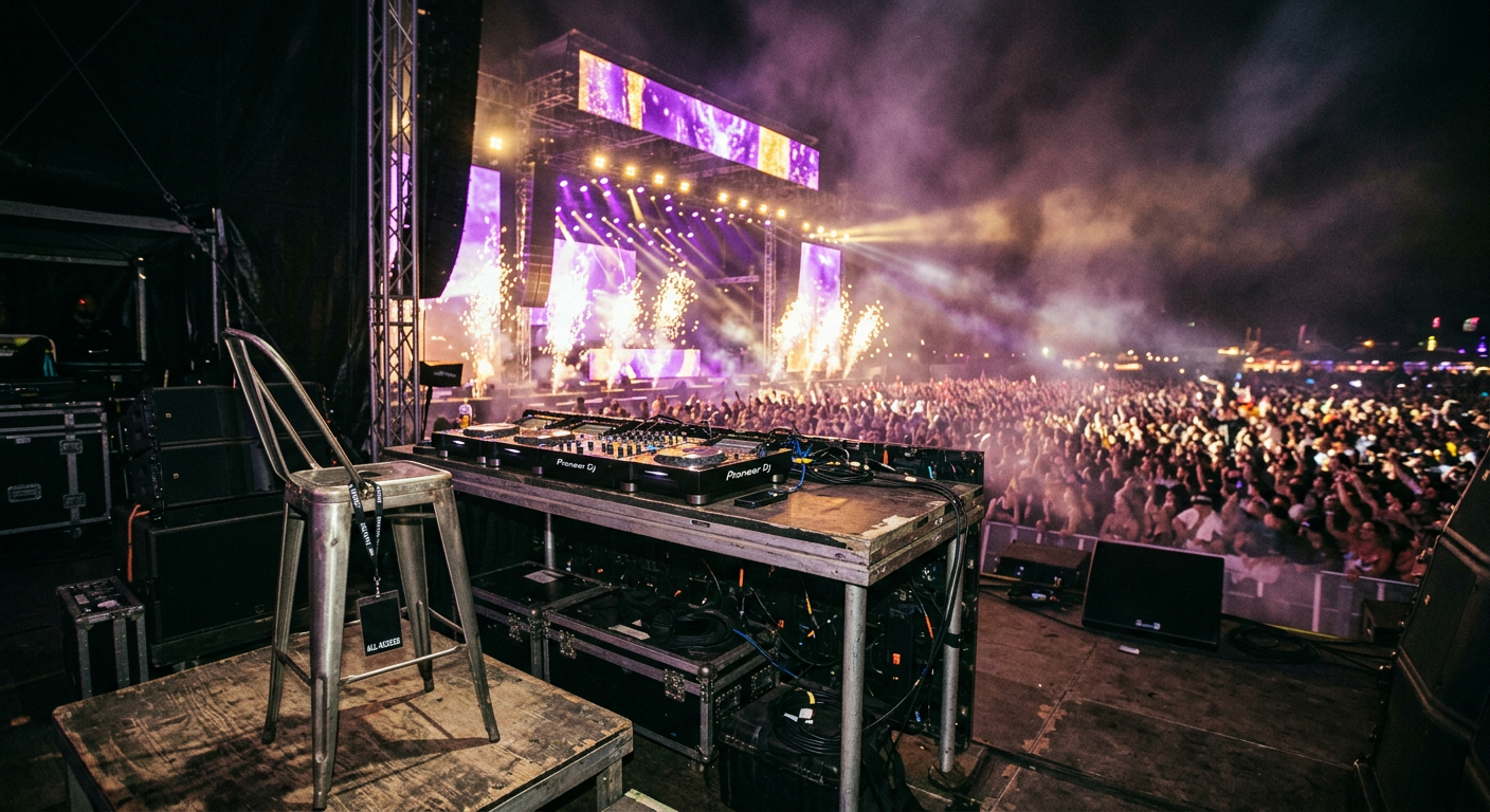 Concept art: side stage at a massive festival with a glowing DJ booth, light beams and crowd, an all-access pass on an empty stool.