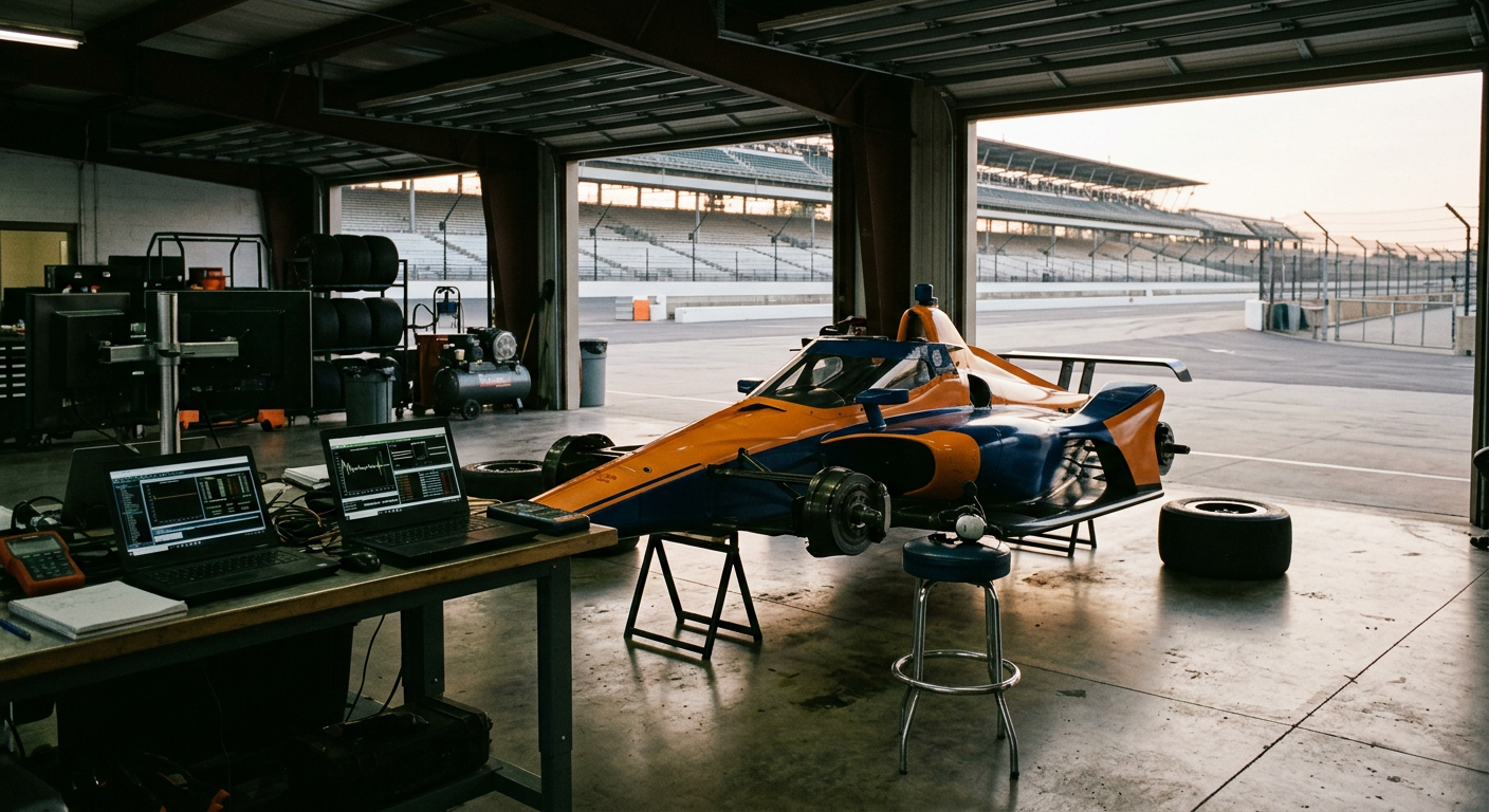 Concept art: an open-wheel race car on stands in a speedway garage during race week, an empty stool and headset by the car.