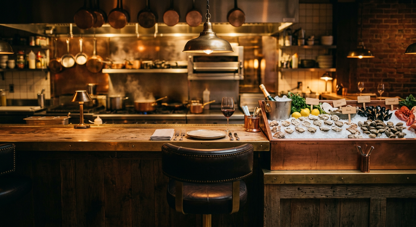 Concept art: a warm seafood restaurant chef's counter with a raw bar and an empty stool set for one.