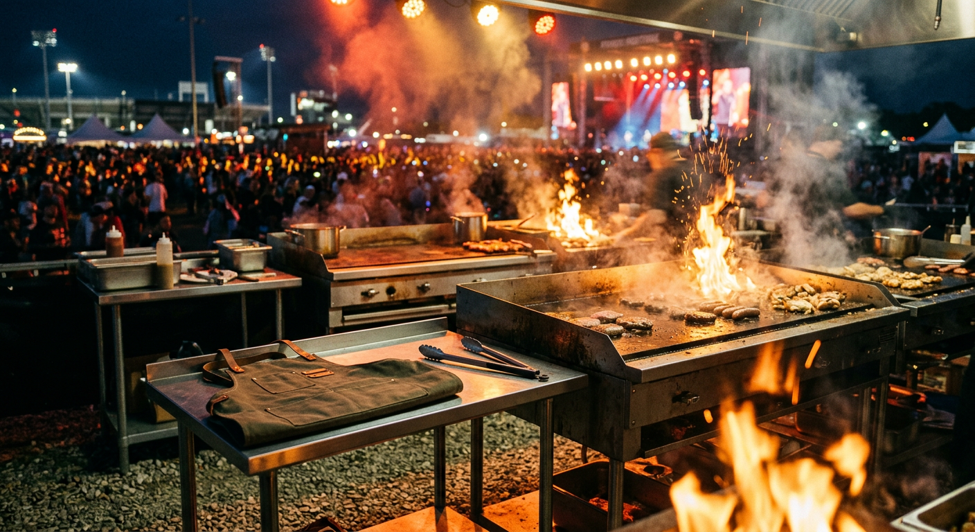 Concept art: giant flaming grills at a night-time tailgate festival with a stage behind, an apron and tongs waiting at an open station.