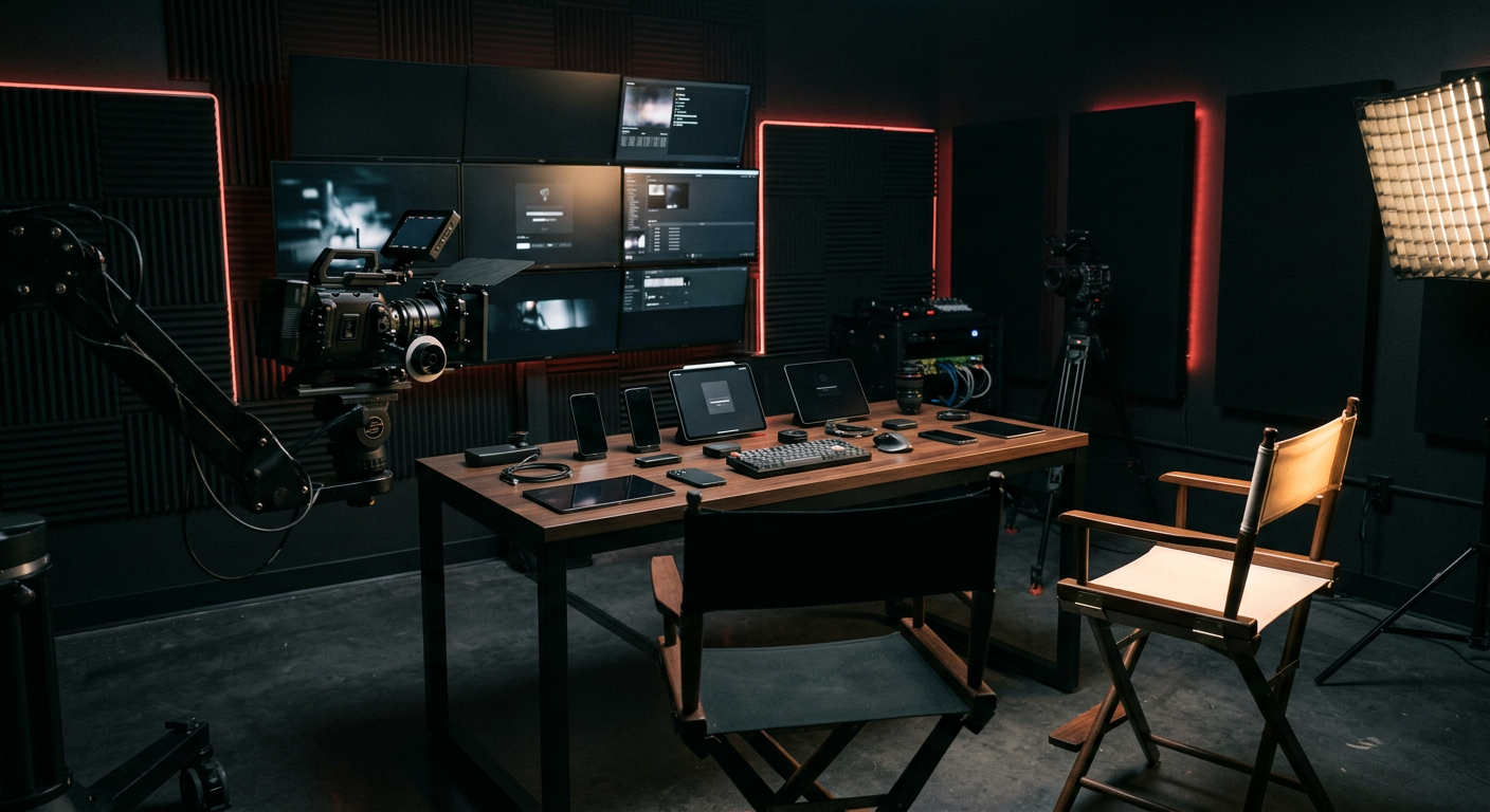 Concept art: a sleek tech studio with cinema cameras, monitors and devices, an empty director's chair lit beside another.