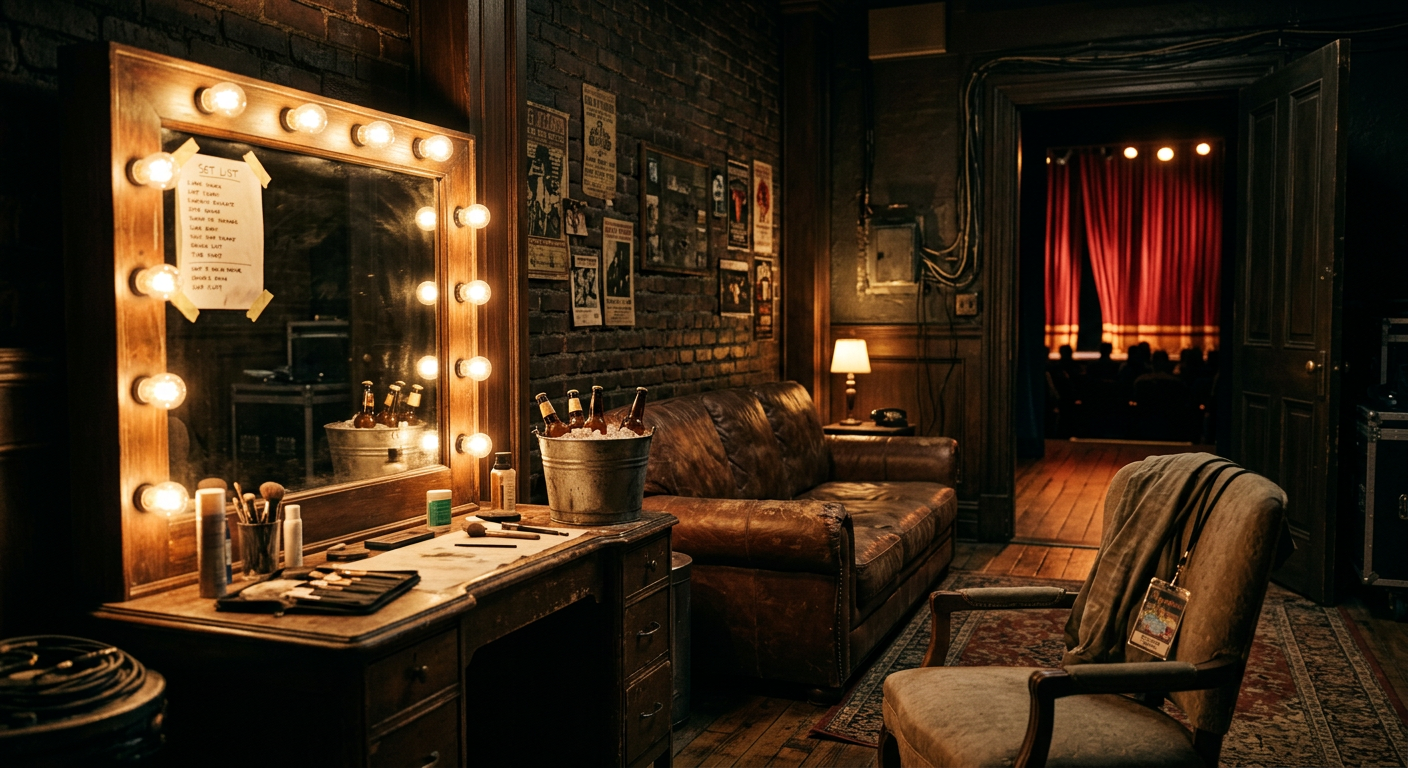 Concept art: a historic theatre green room with a bulb-lit mirror and the glowing stage entrance beyond, a backstage pass on an empty armchair.