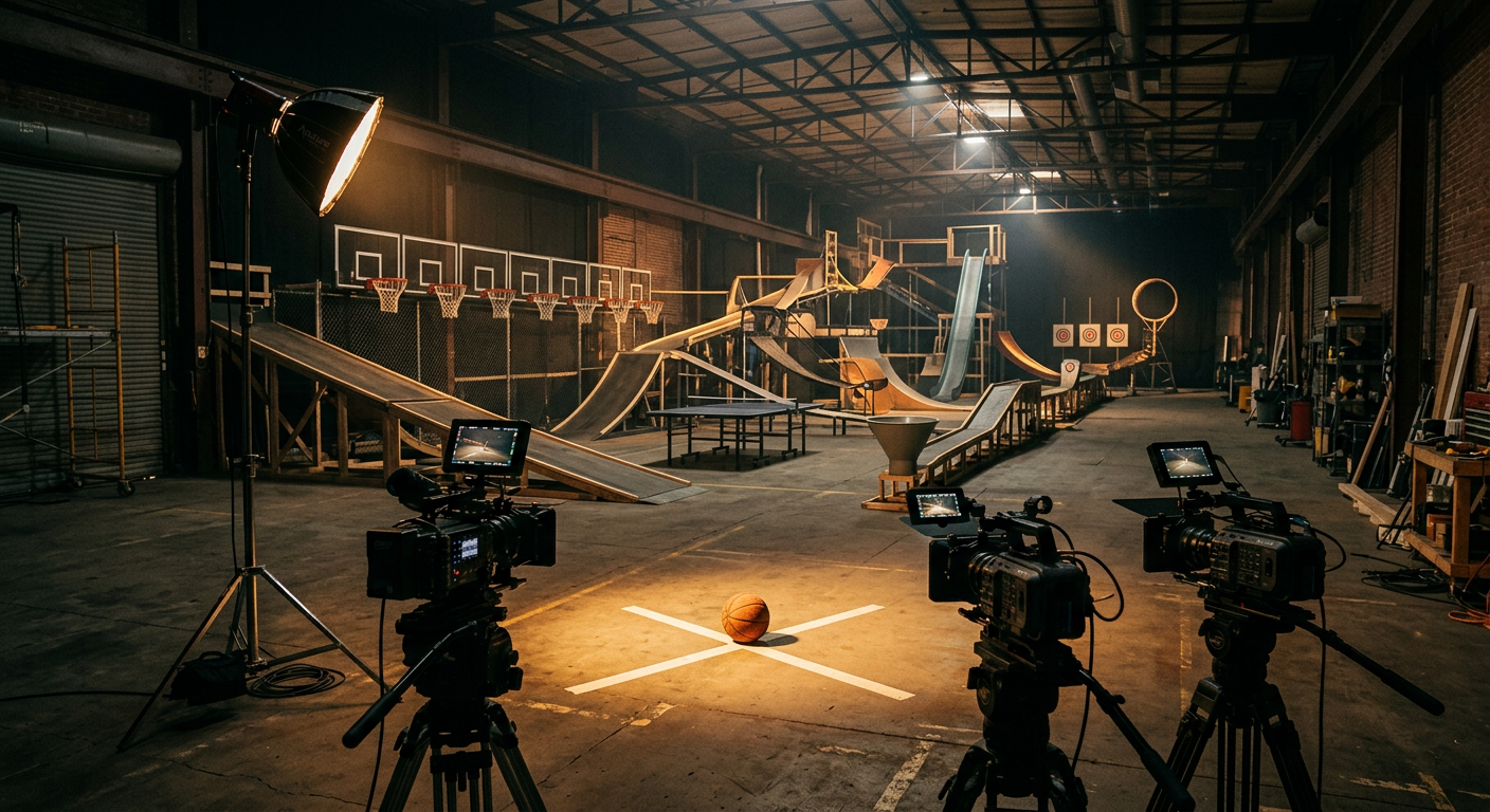 Concept art: a warehouse rigged with a huge trick-shot setup and cameras trained on a basketball waiting on a marked spot.