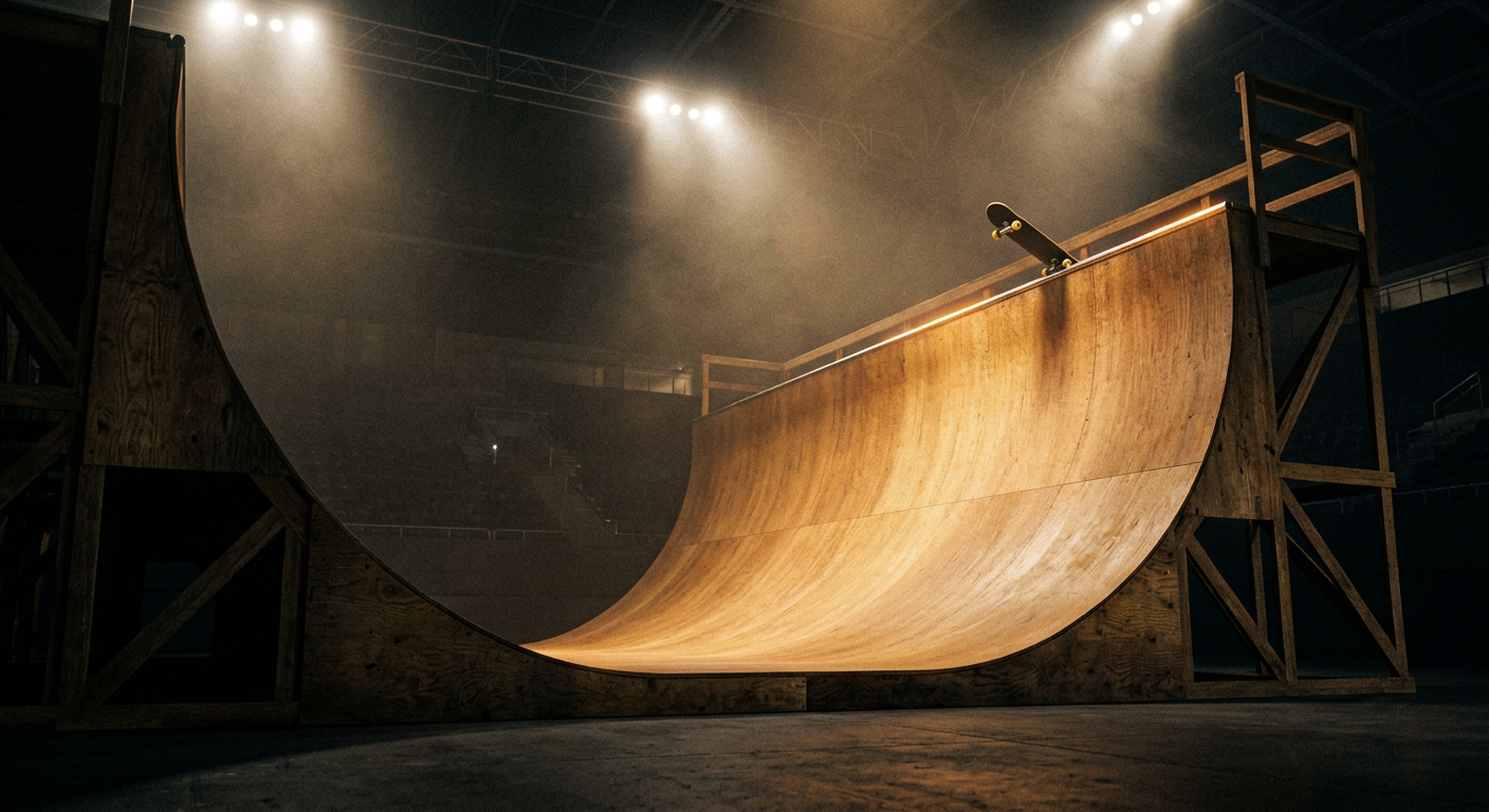 Concept art: a massive vert ramp under arena lights with a skateboard waiting on the deck.