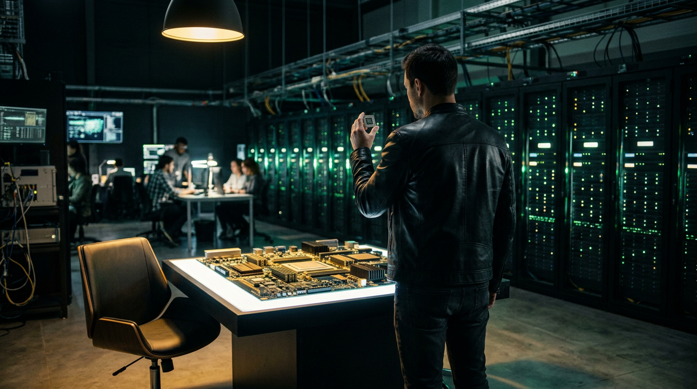 Concept art: a figure in a black leather jacket examines a chip in an AI hardware lab, an empty chair waiting beside him.