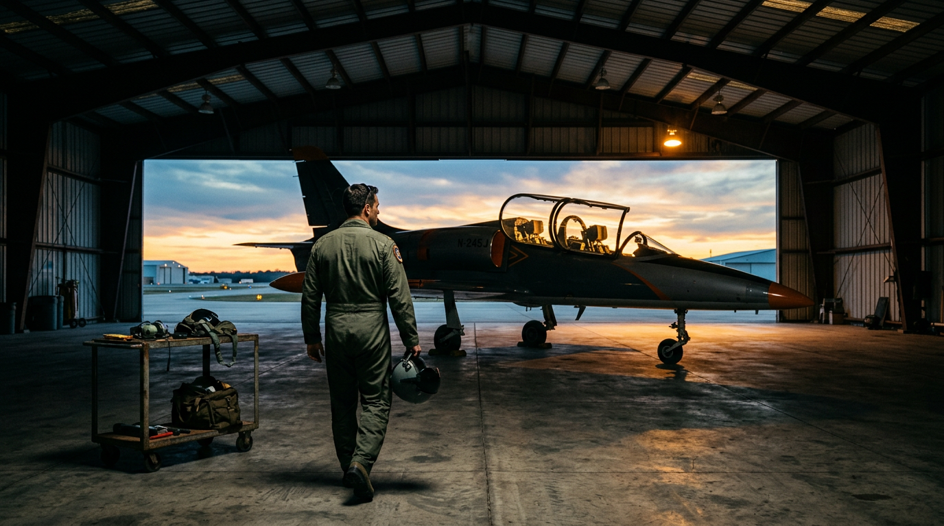 Concept art: a pilot in a flight suit walks toward a two-seat aerobatic jet with its rear seat open in a hangar at dawn.