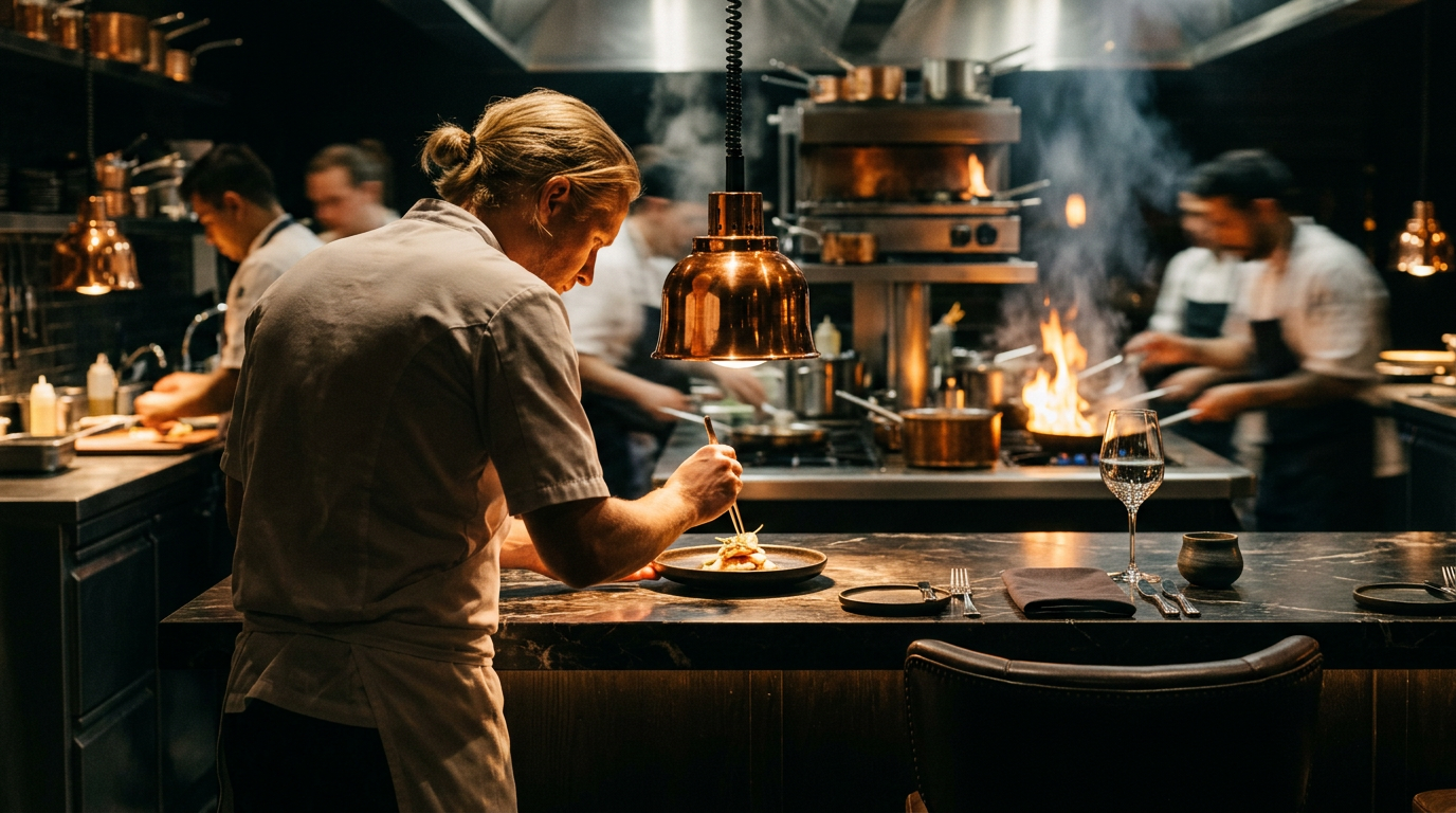 Concept art: a chef plates a dish under the pass light while an empty stool waits at the chef's counter.