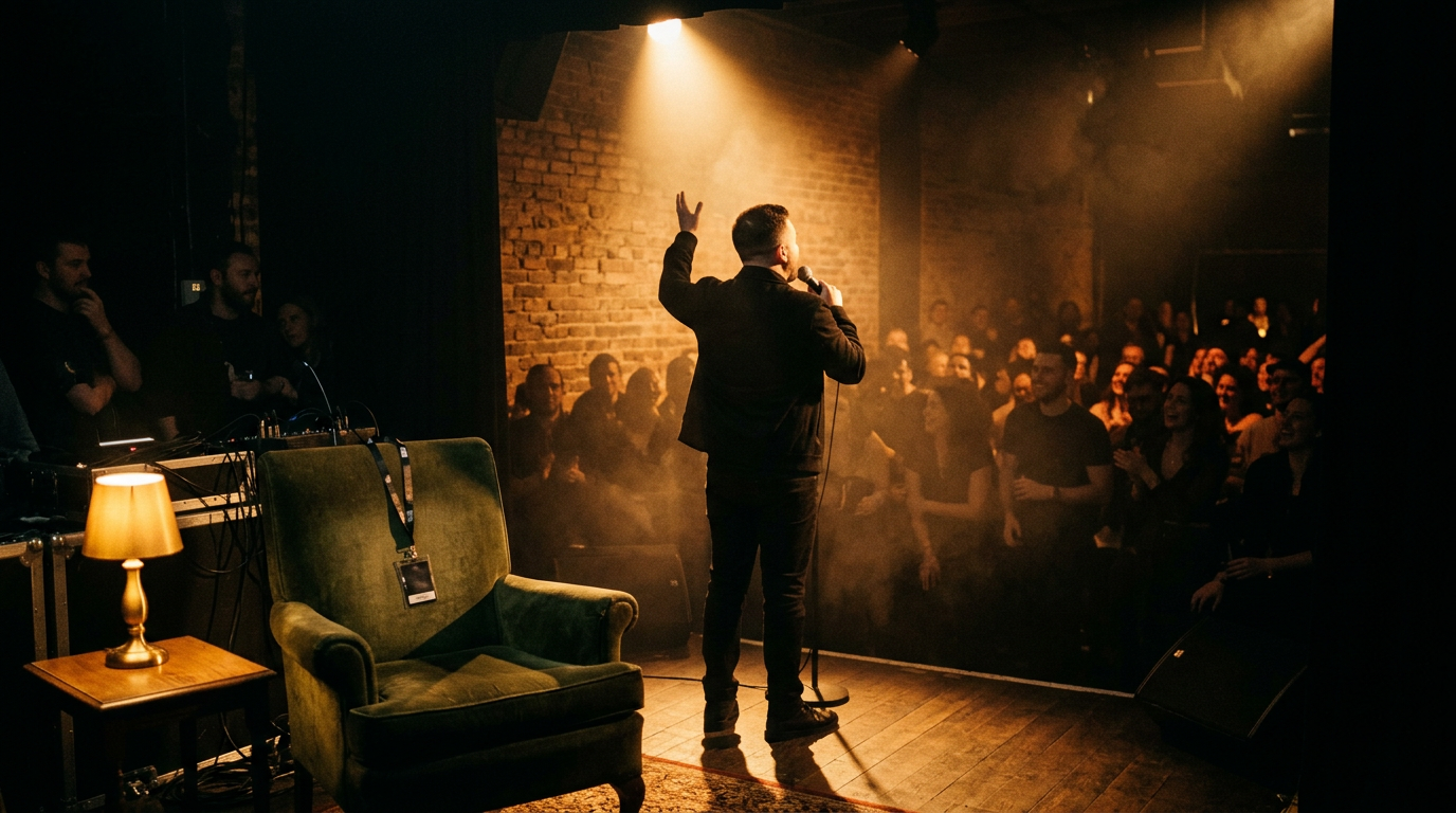 Concept art: a comedian performs under a spotlight, seen from the wings, with an empty green-room chair and backstage pass in the foreground.