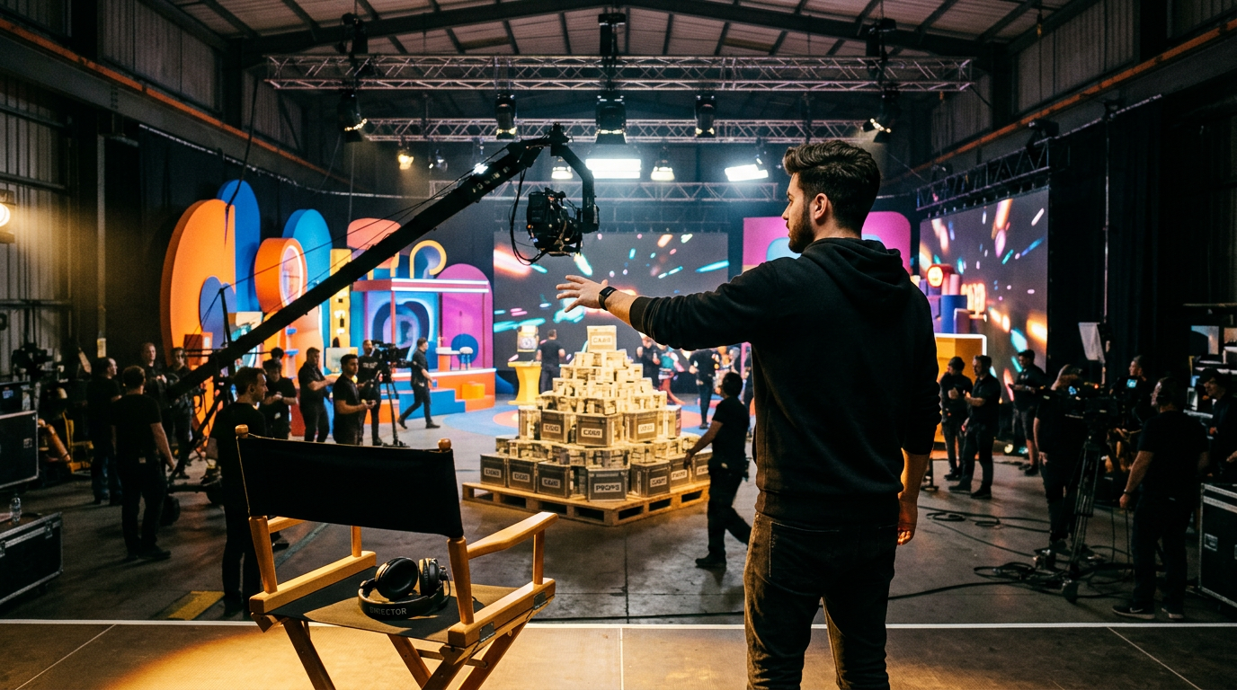 Concept art: a creator directs a huge video shoot in a production warehouse, an empty director's chair beside him.