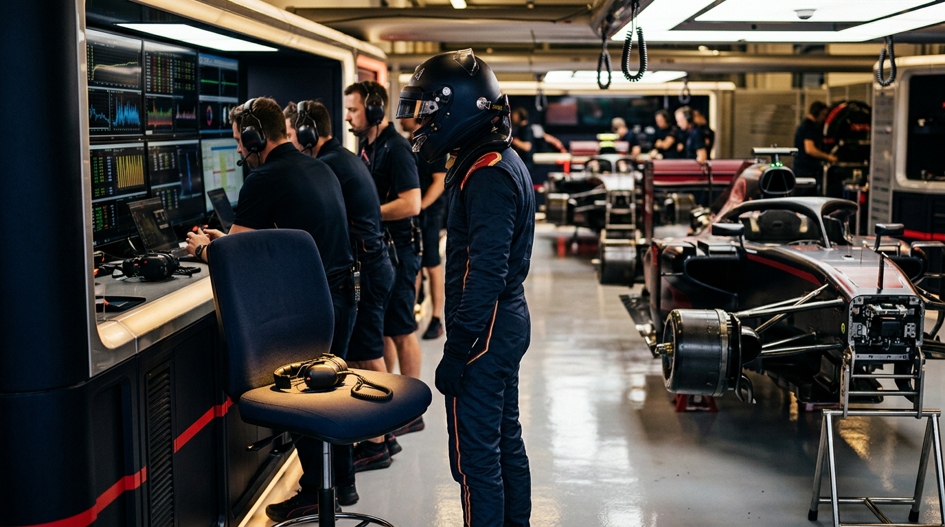 Concept art: a helmeted driver beside an open-wheel race car in a pit garage, an empty seat with a headset waiting at the pit wall bench.