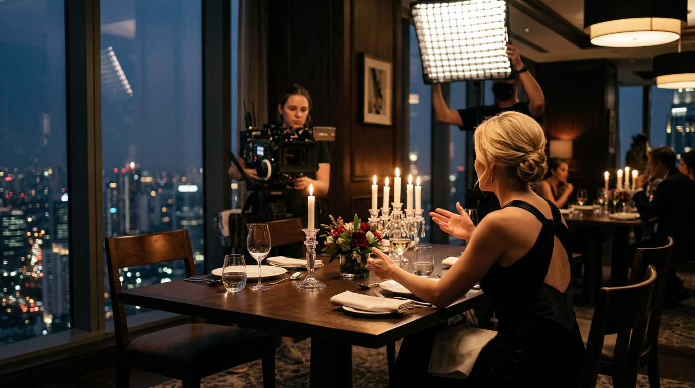 Concept art: a candlelit private dining room with an empty seat waiting at the table and a small film crew in the background.