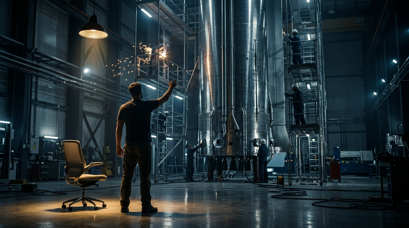 Concept art: a figure seen from behind gestures up at a towering steel rocket stage in a vast factory, an empty chair lit beside him.
