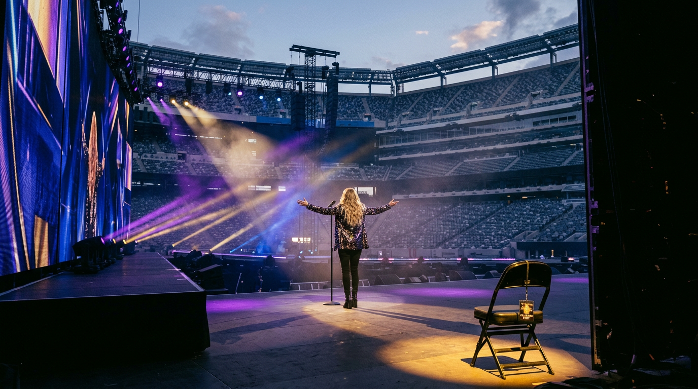 Concept art: a singer at center stage during a stadium soundcheck, an empty backstage chair with an all-access pass in the foreground.