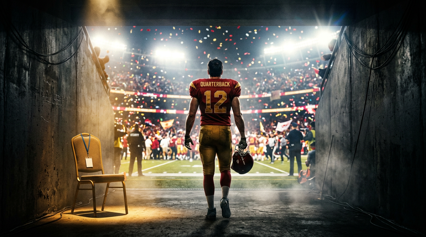 Concept art: a quarterback walks from the tunnel toward a floodlit field, an empty VIP sideline chair at the tunnel mouth.